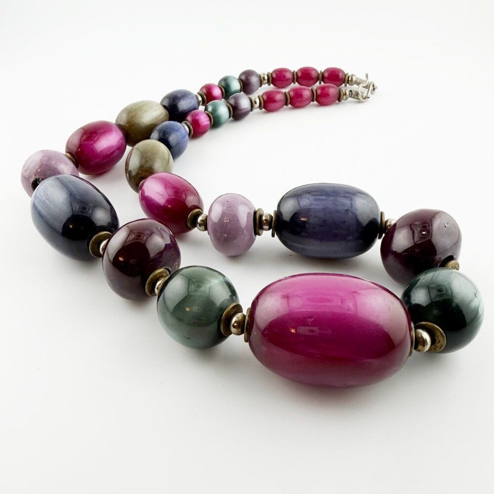 Vintage Chunky Resin Bead Statement Necklace - Jewel Tones, Cat's Eye Effect